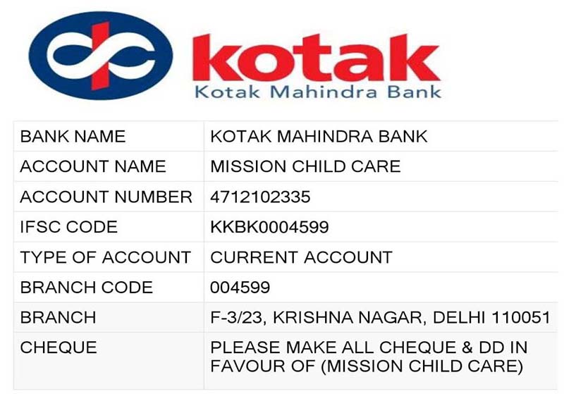 Kotak Bank Account of Mission Child Care Trust